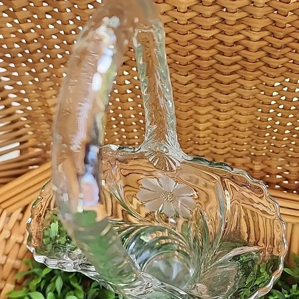 Vintage Etched Glass Floral Bride's Basket With Handle Coquette Bridal